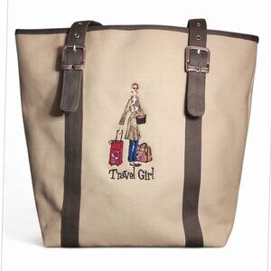 The Girls Travel Girl tote Bag tan canvas 2 greige straps preppy vacation bag